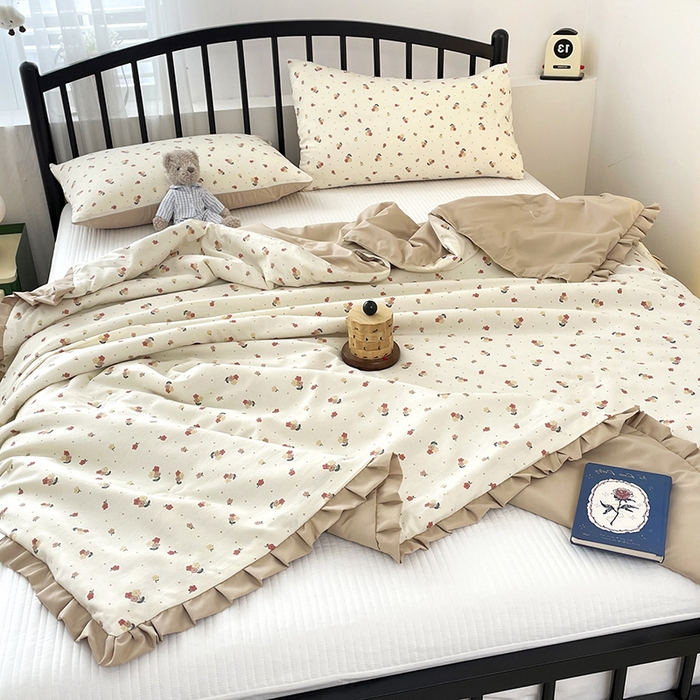 91家纺网 家纺一手货源 找家纺 汣沐生活 2025款A类针织棉双层纱夏凉被百分百新疆棉花填充空调被夏凉被四件套 春山花渡