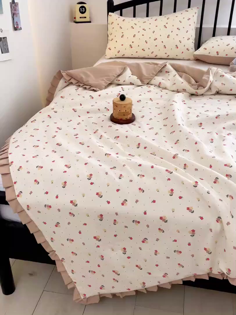 91家纺网 家纺一手货源 找家纺 汣沐生活 2025款A类针织棉双层纱夏凉被百分百新疆棉花填充空调被夏凉被四件套 春山花渡