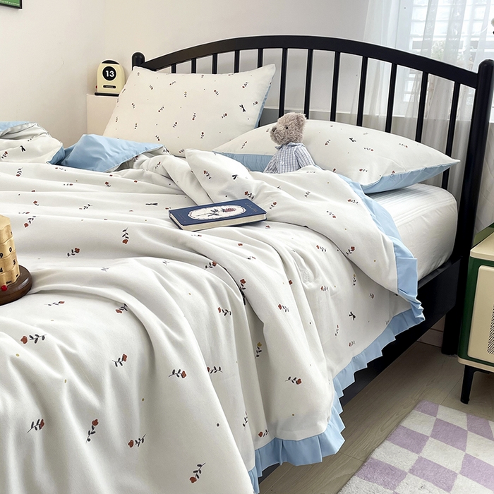 91家纺网 家纺一手货源 找家纺 汣沐生活 2025款A类针织棉双层纱夏凉被百分百新疆棉花填充空调被夏凉被四件套 花夕雾