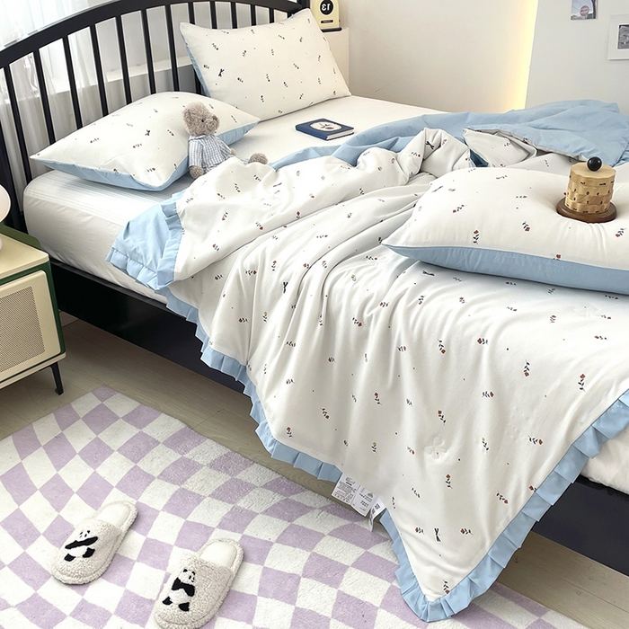 91家纺网 家纺一手货源 找家纺 汣沐生活 2025款A类针织棉双层纱夏凉被百分百新疆棉花填充空调被夏凉被四件套 花夕雾