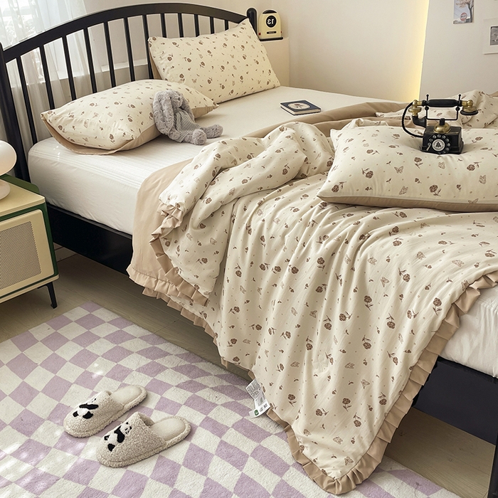 91家纺网 家纺一手货源 找家纺 汣沐生活 2025款A类针织棉双层纱夏凉被百分百新疆棉花填充空调被夏凉被四件套 嘉奈