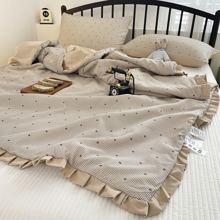 91家纺网 家纺一手货源 找家纺 汣沐生活 2025款A类针织棉双层纱夏凉被百分百新疆棉花填充空调被夏凉被四件套 摩卡小熊