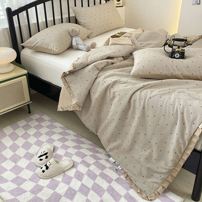 91家纺网 家纺一手货源 找家纺 汣沐生活 2025款A类针织棉双层纱夏凉被百分百新疆棉花填充空调被夏凉被四件套 摩卡小熊