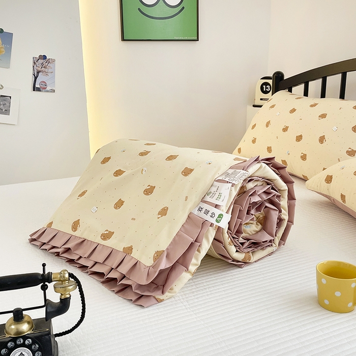 91家纺网 家纺一手货源 找家纺 汣沐生活 2025款A类针织棉双层纱夏凉被百分百新疆棉花填充空调被夏凉被四件套 曲奇小猫