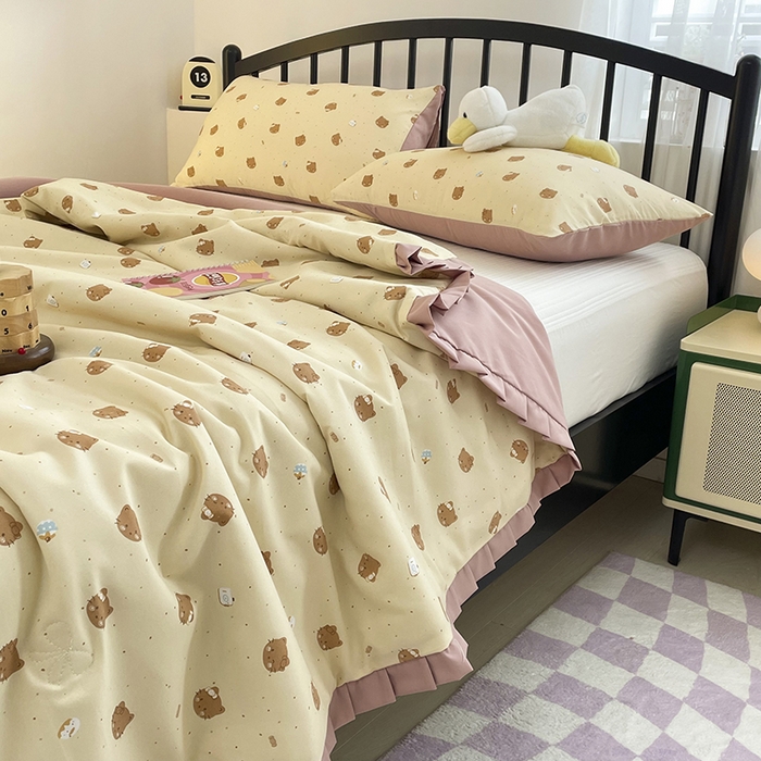 91家纺网 家纺一手货源 找家纺 汣沐生活 2025款A类针织棉双层纱夏凉被百分百新疆棉花填充空调被夏凉被四件套 曲奇小猫