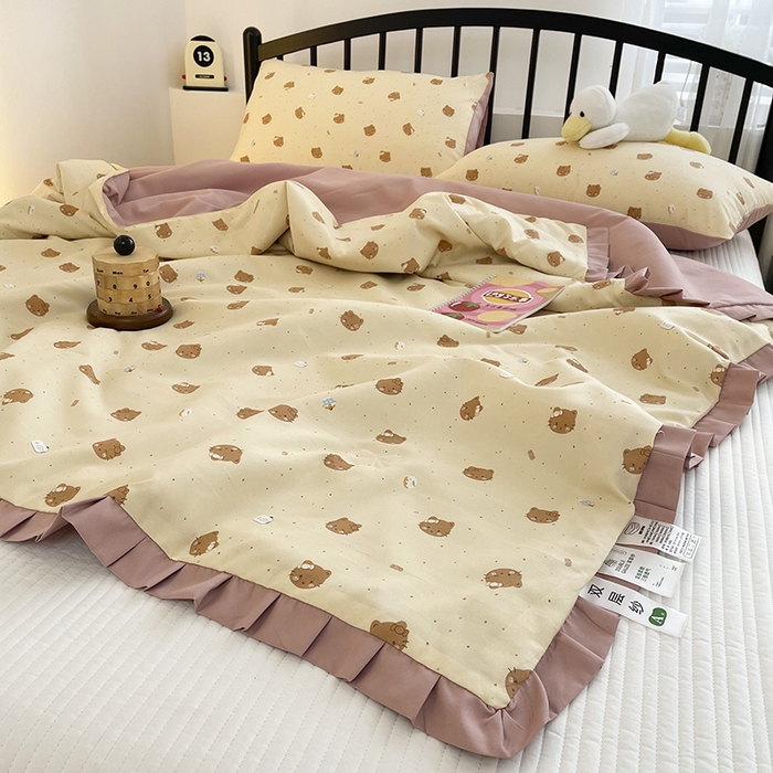 91家纺网 家纺一手货源 找家纺 汣沐生活 2025款A类针织棉双层纱夏凉被百分百新疆棉花填充空调被夏凉被四件套 曲奇小猫