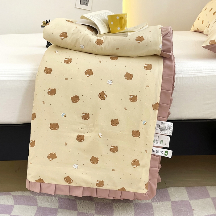 91家纺网 家纺一手货源 找家纺 汣沐生活 2025款A类针织棉双层纱夏凉被百分百新疆棉花填充空调被夏凉被四件套 曲奇小猫