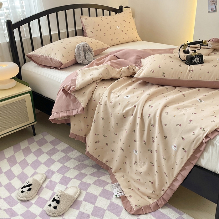 91家纺网 家纺一手货源 找家纺 汣沐生活 2025款A类针织棉双层纱夏凉被百分百新疆棉花填充空调被夏凉被四件套 舒雅