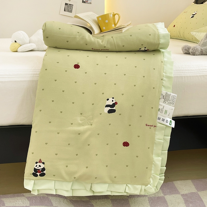 91家纺网 家纺一手货源 找家纺 汣沐生活 2025款A类针织棉双层纱夏凉被百分百新疆棉花填充空调被夏凉被四件套 熊猫滚滚-绿