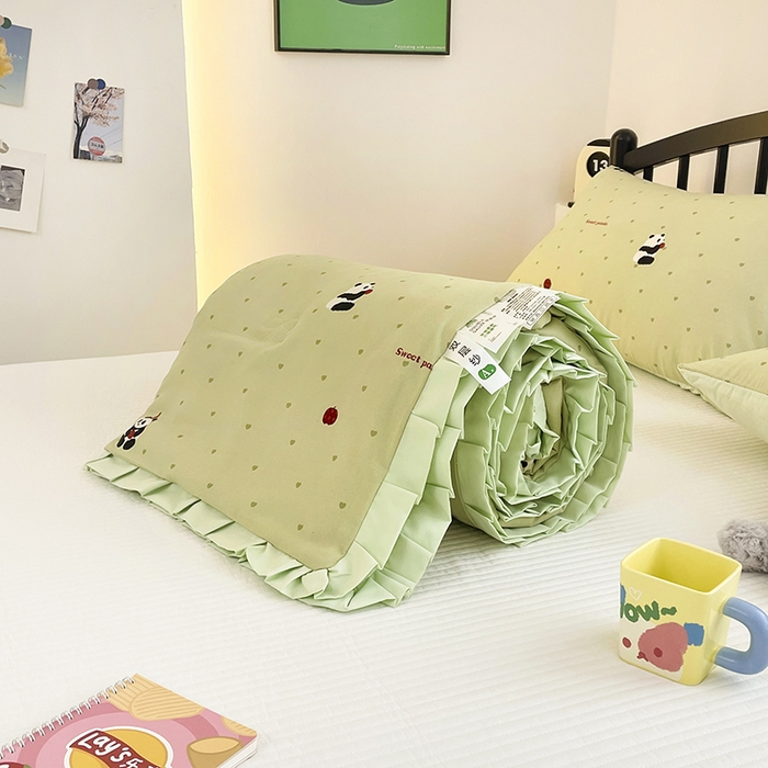 91家纺网 家纺一手货源 找家纺 汣沐生活 2025款A类针织棉双层纱夏凉被百分百新疆棉花填充空调被夏凉被四件套 熊猫滚滚-绿