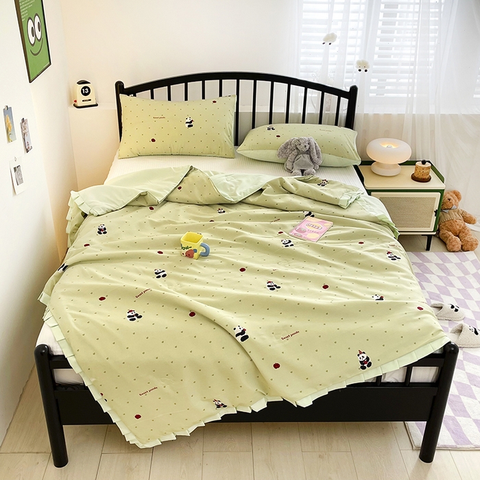 91家纺网 家纺一手货源 找家纺 汣沐生活 2025款A类针织棉双层纱夏凉被百分百新疆棉花填充空调被夏凉被四件套 熊猫滚滚-绿