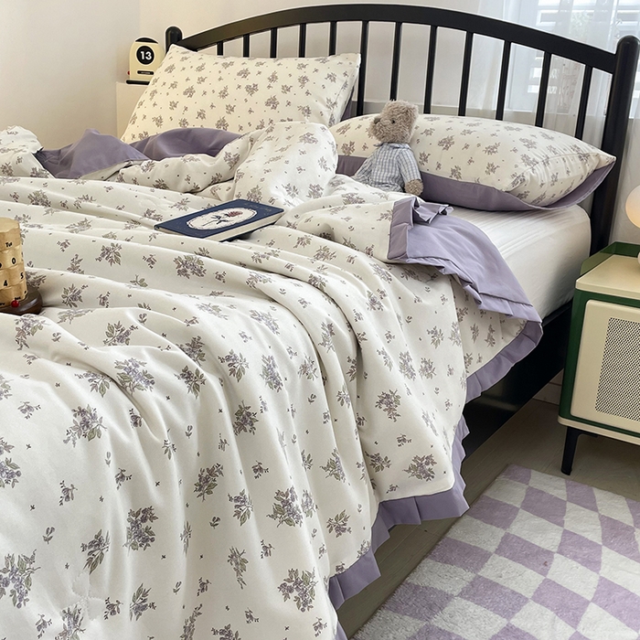 91家纺网 家纺一手货源 找家纺 汣沐生活 2025款A类针织棉双层纱夏凉被百分百新疆棉花填充空调被夏凉被四件套 紫薇风铃