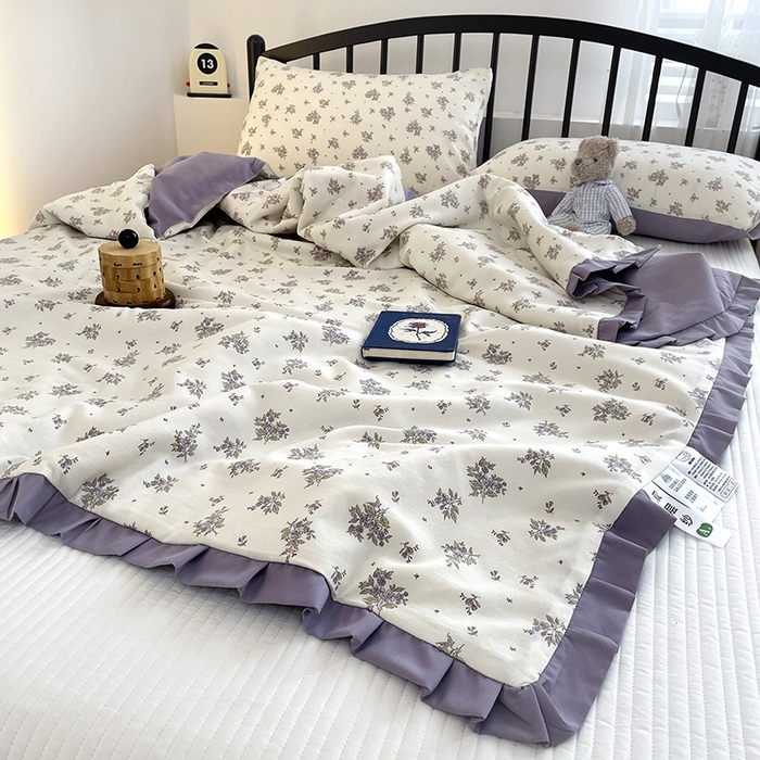 91家纺网 家纺一手货源 找家纺 汣沐生活 2025款A类针织棉双层纱夏凉被百分百新疆棉花填充空调被夏凉被四件套 紫薇风铃