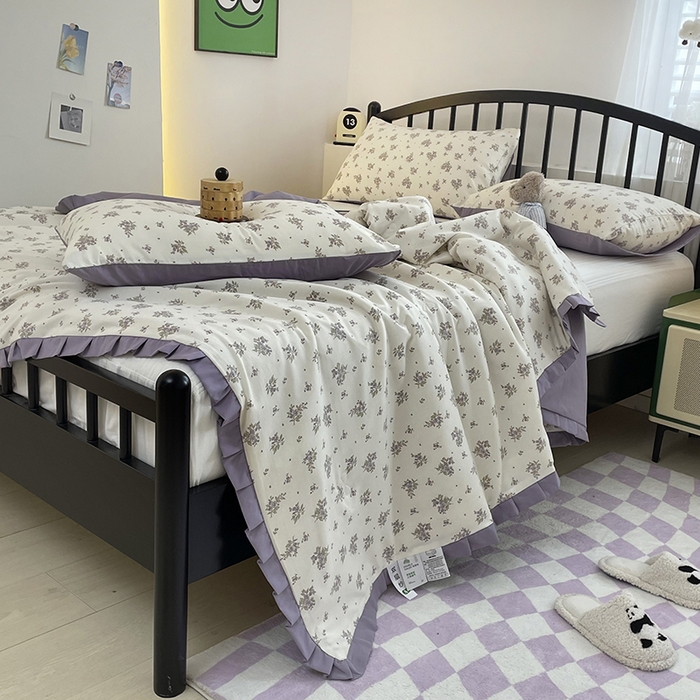 91家纺网 家纺一手货源 找家纺 汣沐生活 2025款A类针织棉双层纱夏凉被百分百新疆棉花填充空调被夏凉被四件套 紫薇风铃