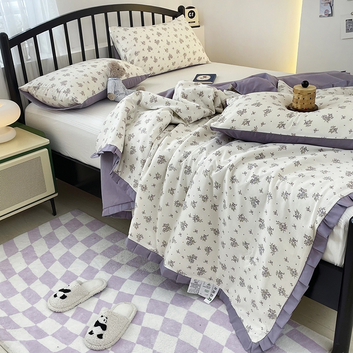 91家纺网 家纺一手货源 找家纺 汣沐生活 2025款A类针织棉双层纱夏凉被百分百新疆棉花填充空调被夏凉被四件套 紫薇风铃