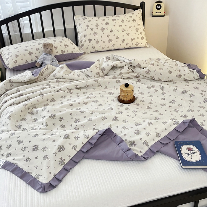 91家纺网 家纺一手货源 找家纺 汣沐生活 2025款A类针织棉双层纱夏凉被百分百新疆棉花填充空调被夏凉被四件套 紫薇风铃