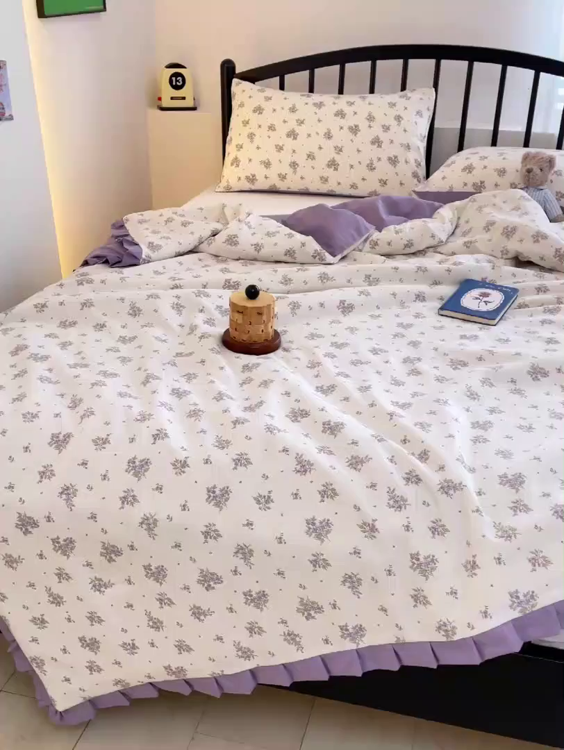 91家纺网 家纺一手货源 找家纺 汣沐生活 2025款A类针织棉双层纱夏凉被百分百新疆棉花填充空调被夏凉被四件套 紫薇风铃