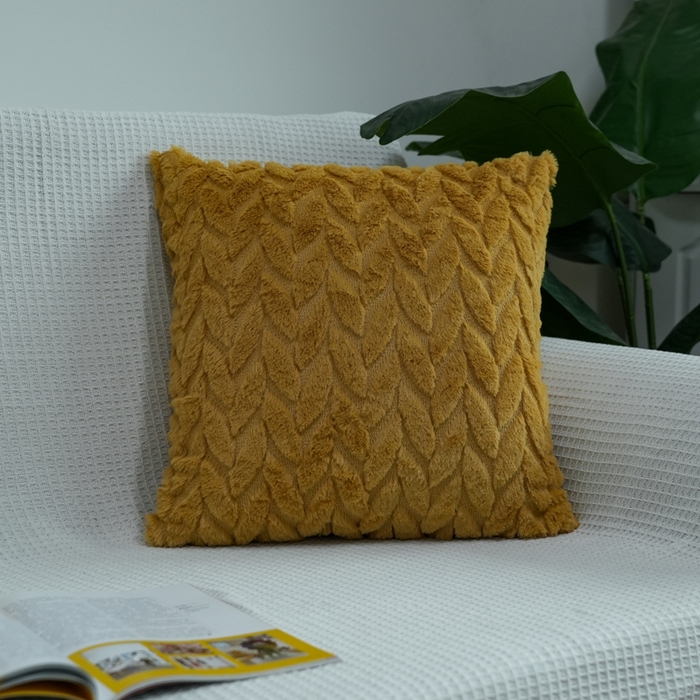 铭宣家居 2025新款荷兰绒兔绒绣花款抱枕 叶子-姜黄
