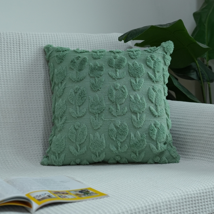 铭宣家居 2025新款荷兰绒兔绒绣花款抱枕 郁金香-草绿