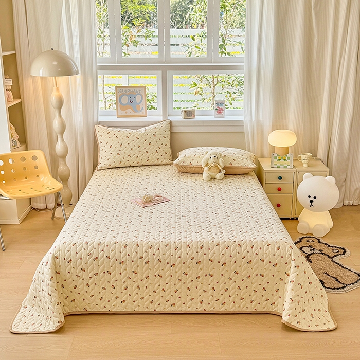 汣沐生活 2025新款可水洗针织棉印花款夹棉床盖床盖三件套 春山花渡