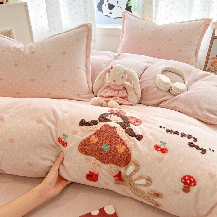 倾慕家纺 2026新款卡通毛巾绣加厚保暖牛奶绒四件套 爱心女孩