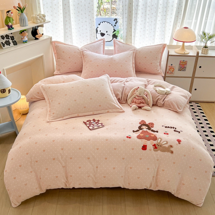 91家纺网 家纺一手货源 找家纺 （总）倾慕家纺 2025新款卡通毛巾绣加厚保暖牛奶绒四件套