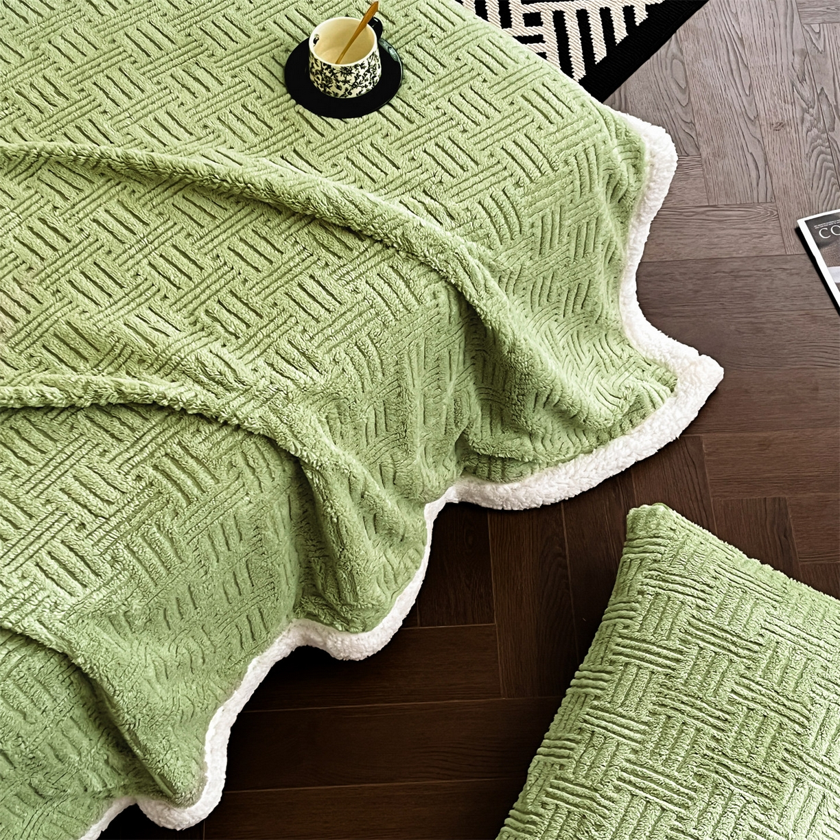 91家纺网 家纺一手货源 找家纺 丝幔家纺 2025新款A类提花舒棉绒毯-饼干花 饼干花-迷露绿