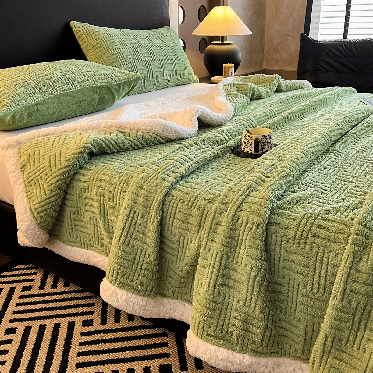 91家纺网 家纺一手货源 找家纺 丝幔家纺 2025新款A类提花舒棉绒毯-饼干花 饼干花-迷露绿