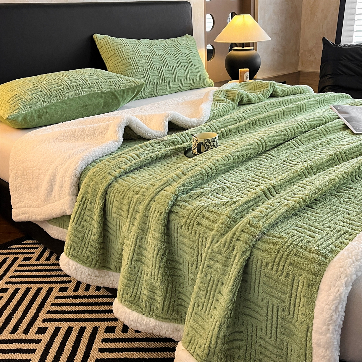 91家纺网 家纺一手货源 找家纺 丝幔家纺 2025新款A类提花舒棉绒毯-饼干花 饼干花-迷露绿