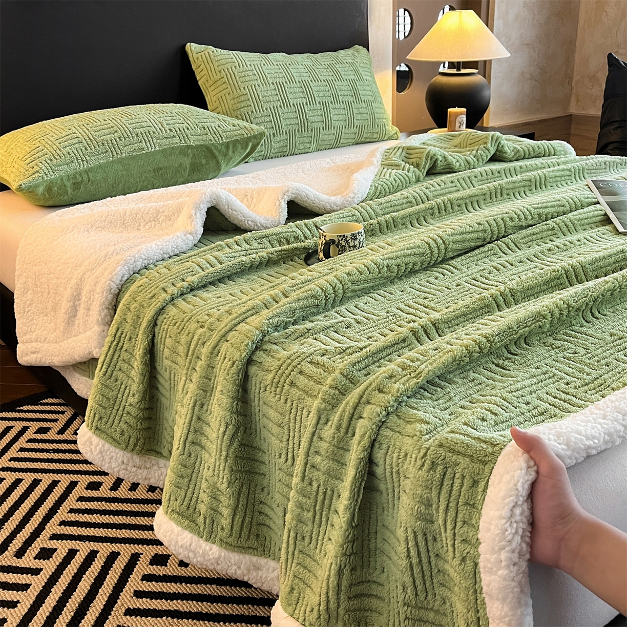 91家纺网 家纺一手货源 找家纺 丝幔家纺 2025新款A类提花舒棉绒毯-饼干花 饼干花-迷露绿