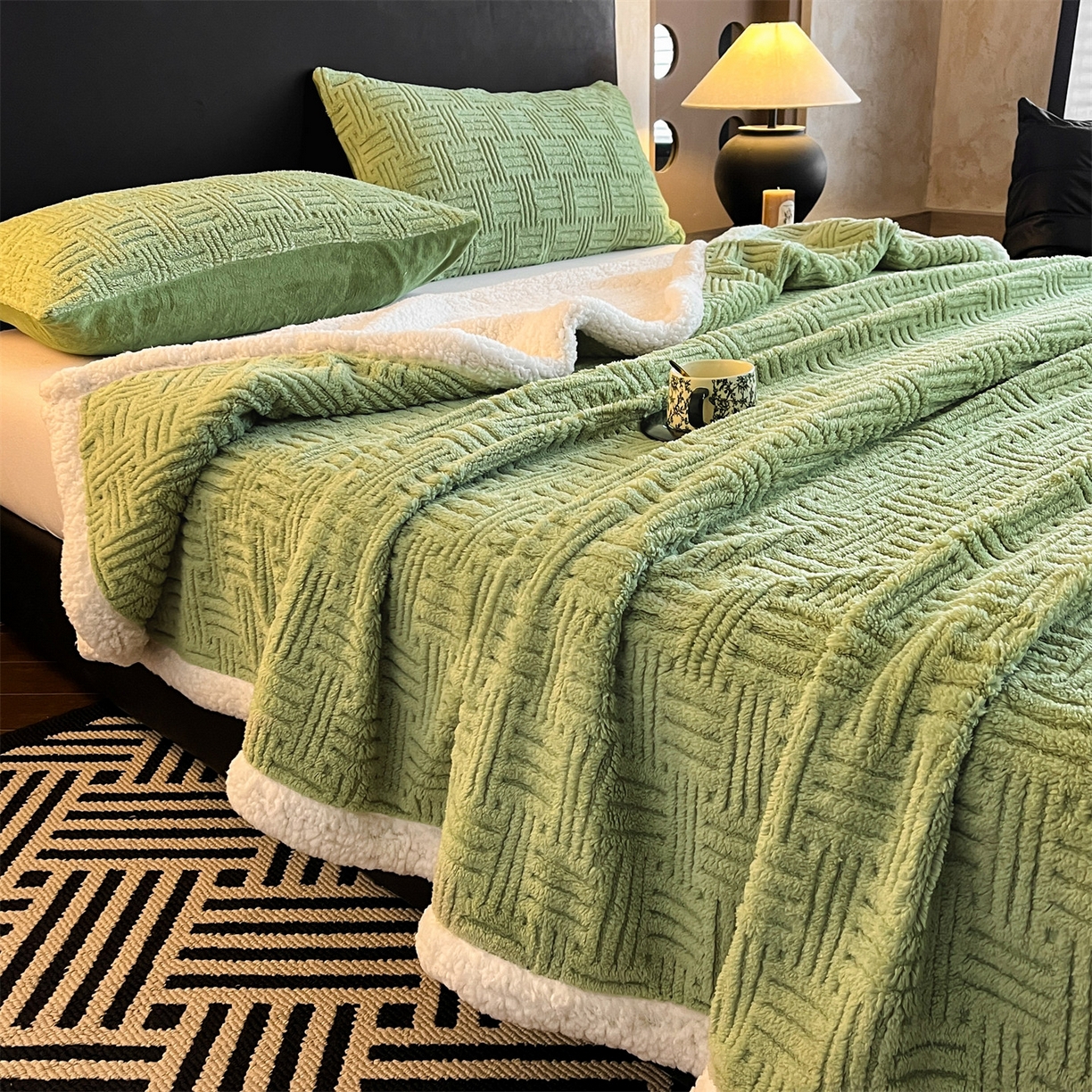 91家纺网 家纺一手货源 找家纺 丝幔家纺 2025新款A类提花舒棉绒毯-饼干花 饼干花-迷露绿