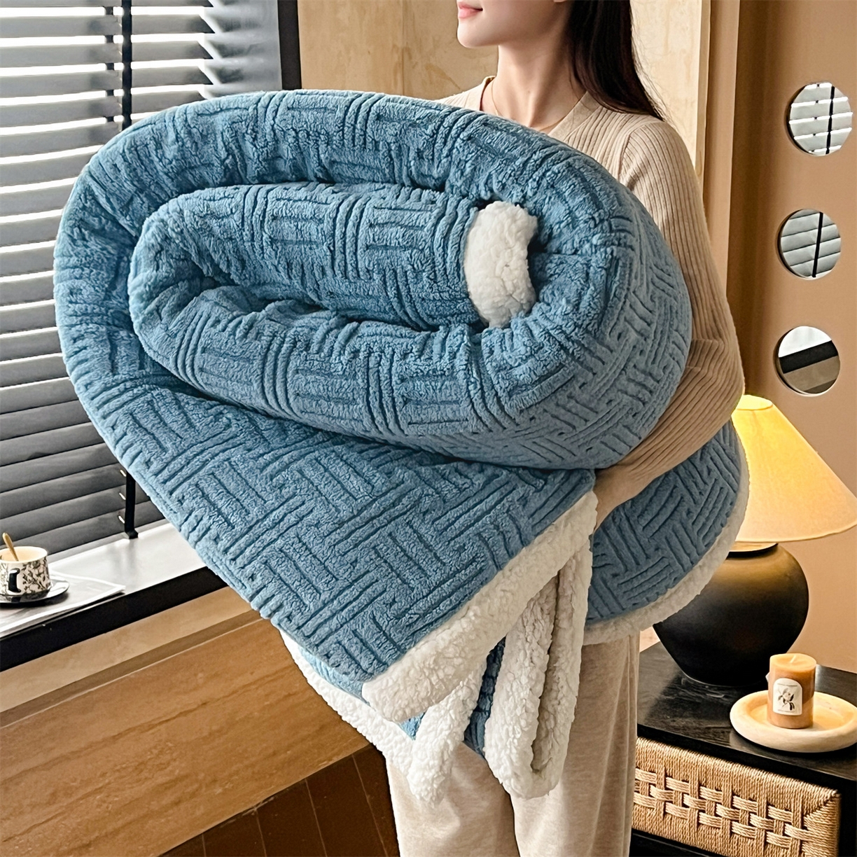 丝幔家纺 2025新款A类提花舒棉绒毯-饼干花 饼干花-深海蓝