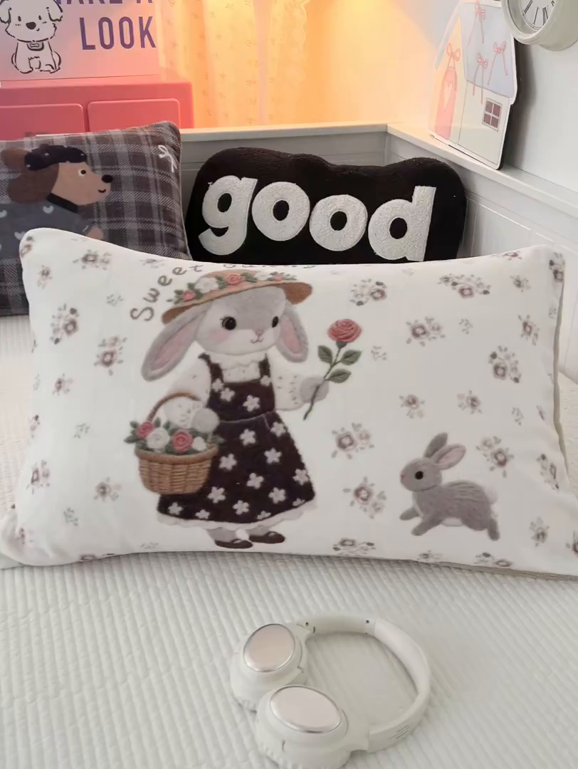 91家纺网 家纺一手货源 找家纺 倾慕家纺 2026新款数码大版牛奶绒单枕套 小帽兔兔