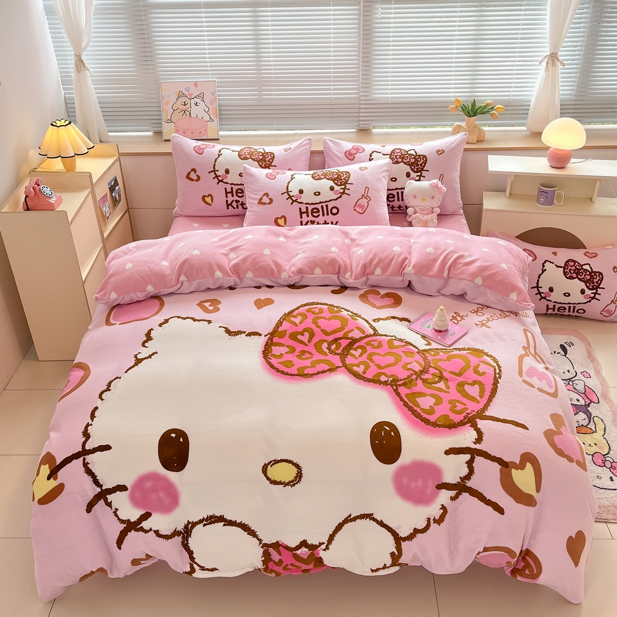 91家纺网 家纺一手货源 找家纺 博雅 2025新款三丽鸥正版授权高克重大版牛奶绒四件套 牛奶绒大版-甜酷KT