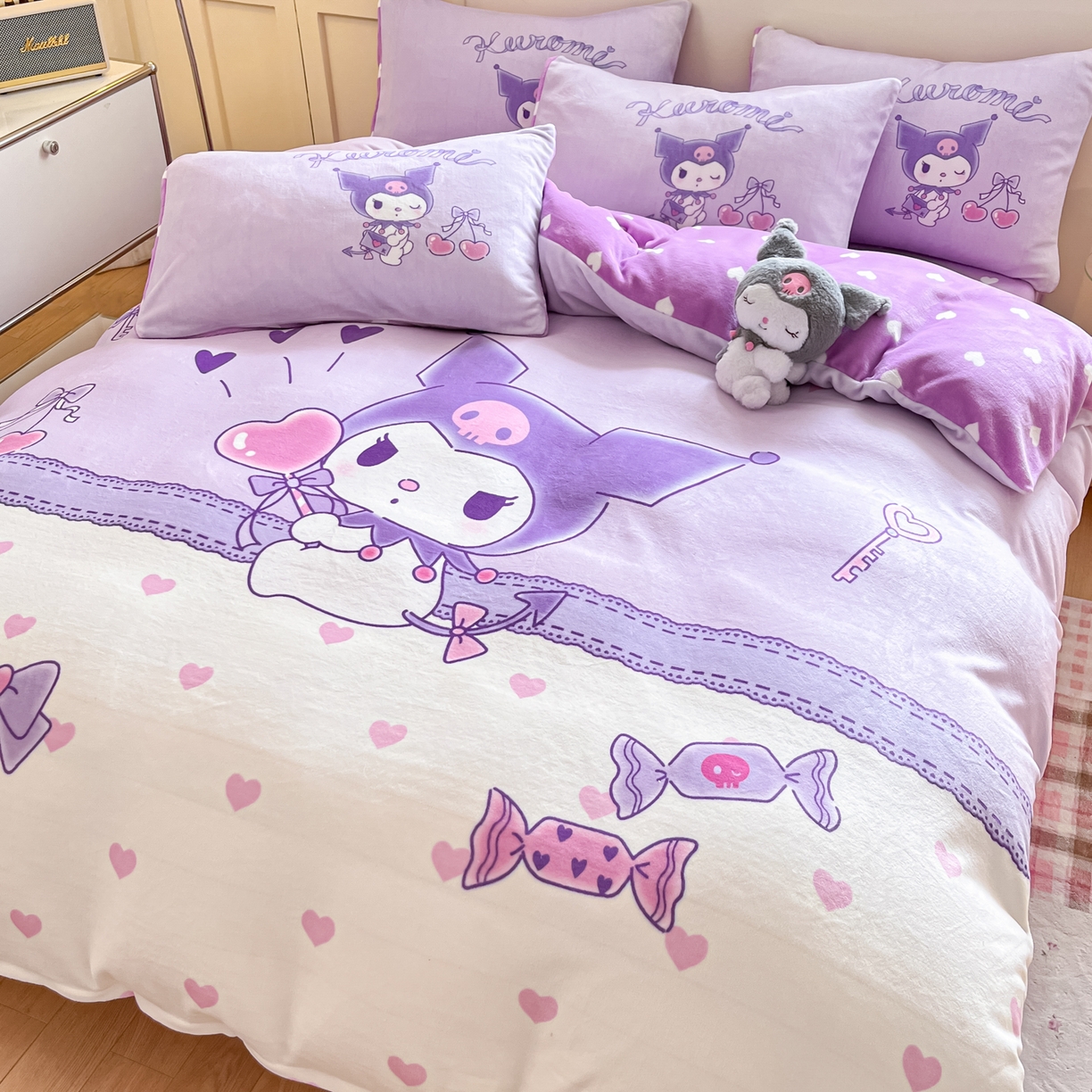 91家纺网 家纺一手货源 找家纺 博雅 2025新款三丽鸥正版授权高克重大版牛奶绒四件套 牛奶绒大版-气球库洛米