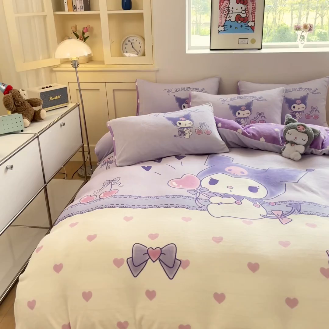 91家纺网 家纺一手货源 找家纺 博雅 2025新款三丽鸥正版授权高克重大版牛奶绒四件套 牛奶绒大版-气球库洛米