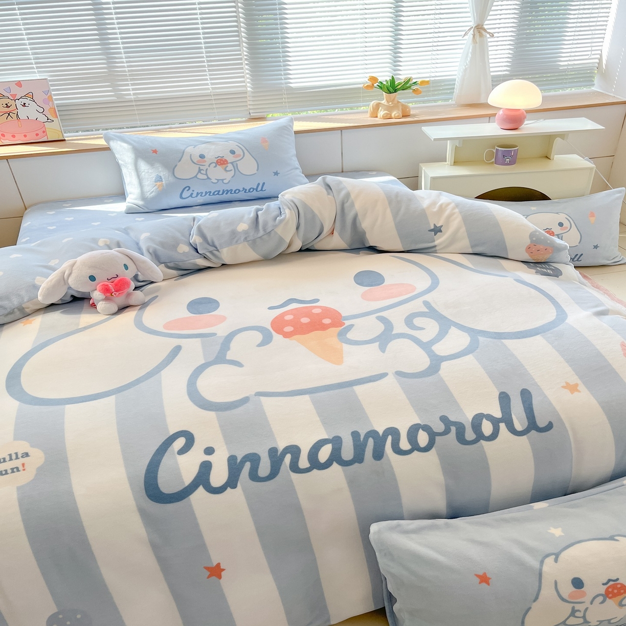 91家纺网 家纺一手货源 找家纺 博雅 2025新款三丽鸥正版授权高克重大版牛奶绒四件套 牛奶绒大版-冰淇淋玉桂狗