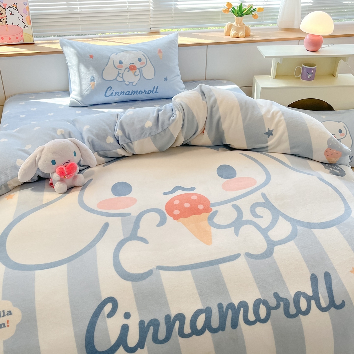 91家纺网 家纺一手货源 找家纺 博雅 2025新款三丽鸥正版授权高克重大版牛奶绒四件套 牛奶绒大版-冰淇淋玉桂狗