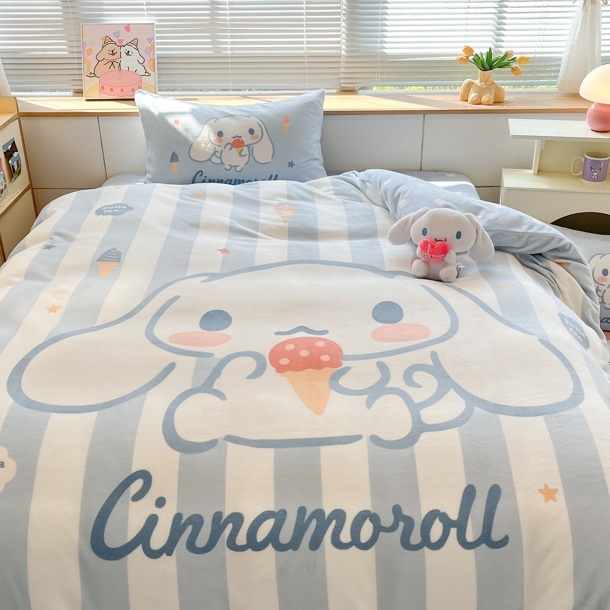 91家纺网 家纺一手货源 找家纺 博雅 2025新款三丽鸥正版授权高克重大版牛奶绒四件套 牛奶绒大版-冰淇淋玉桂狗