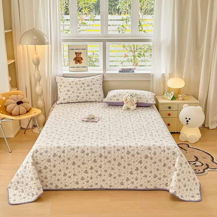 汣沐生活 2025新款可水洗针织棉印花款夹棉床盖床盖三件套 紫薇风铃