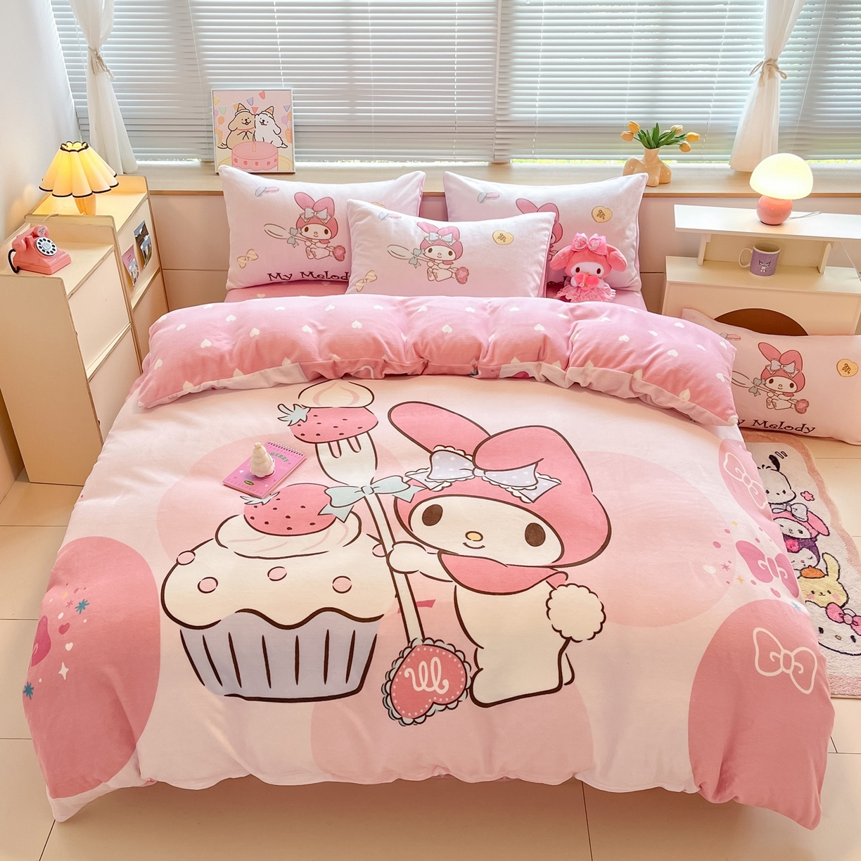 博雅 2025新款三丽鸥正版授权高克重大版牛奶绒四件套 牛奶绒大版-蛋糕美乐蒂