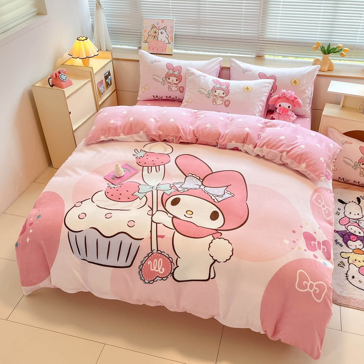 91家纺网 家纺一手货源 找家纺 博雅 2025新款三丽鸥正版授权高克重大版牛奶绒四件套 牛奶绒大版-蛋糕美乐蒂