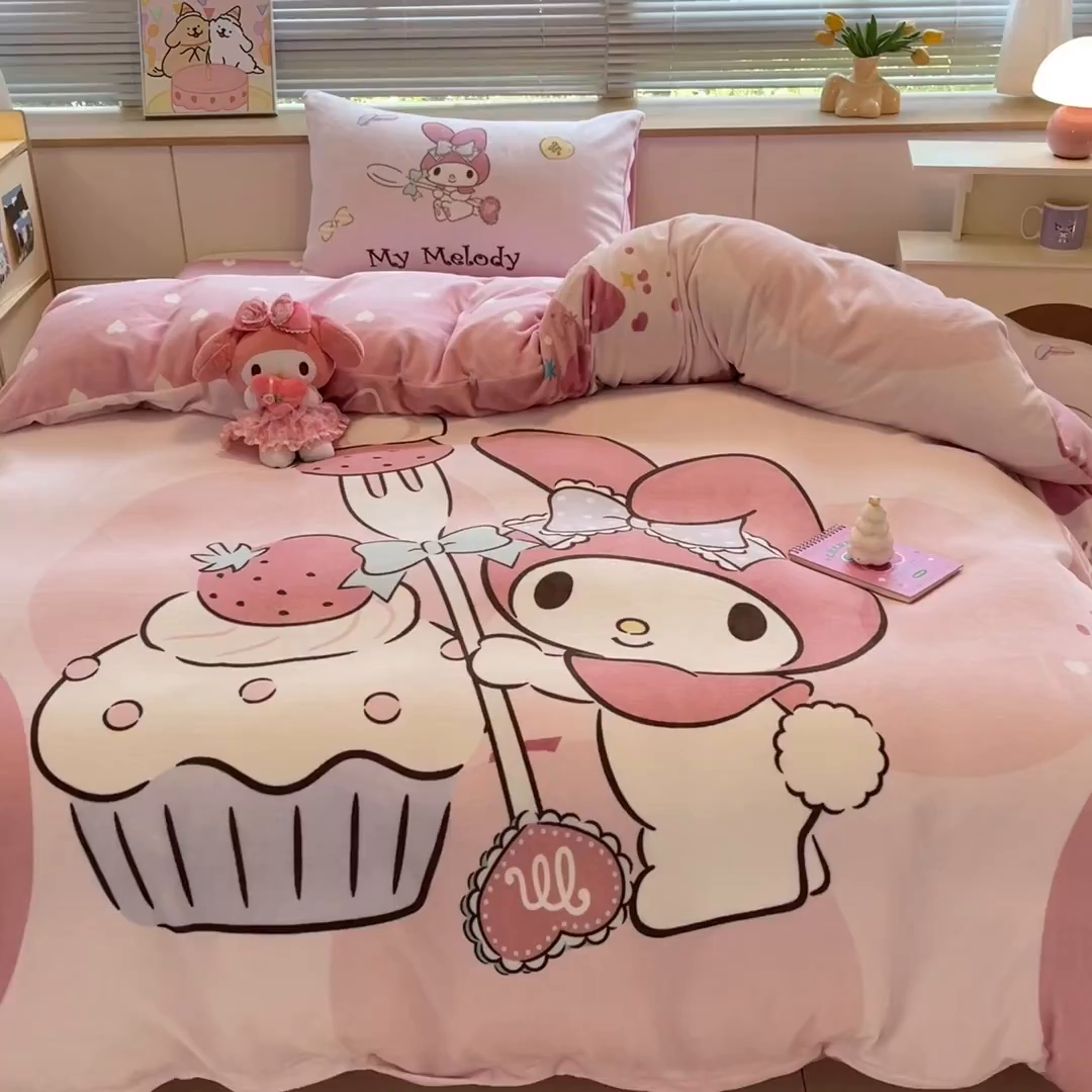 91家纺网 家纺一手货源 找家纺 博雅 2025新款三丽鸥正版授权高克重大版牛奶绒四件套 牛奶绒大版-蛋糕美乐蒂