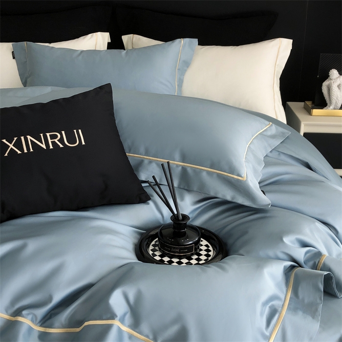 91家纺网 家纺一手货源 找家纺 馨蕊家居 2025秋冬新品100S高奢典藏绣花四件套-巴塞罗那 巴塞罗那-凤蓝