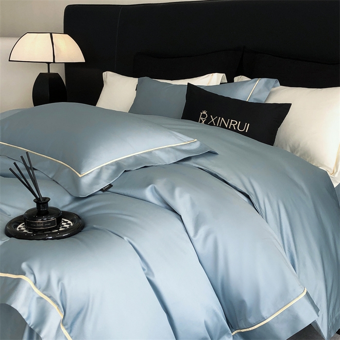 91家纺网 家纺一手货源 找家纺 馨蕊家居 2025秋冬新品100S高奢典藏绣花四件套-巴塞罗那 巴塞罗那-凤蓝