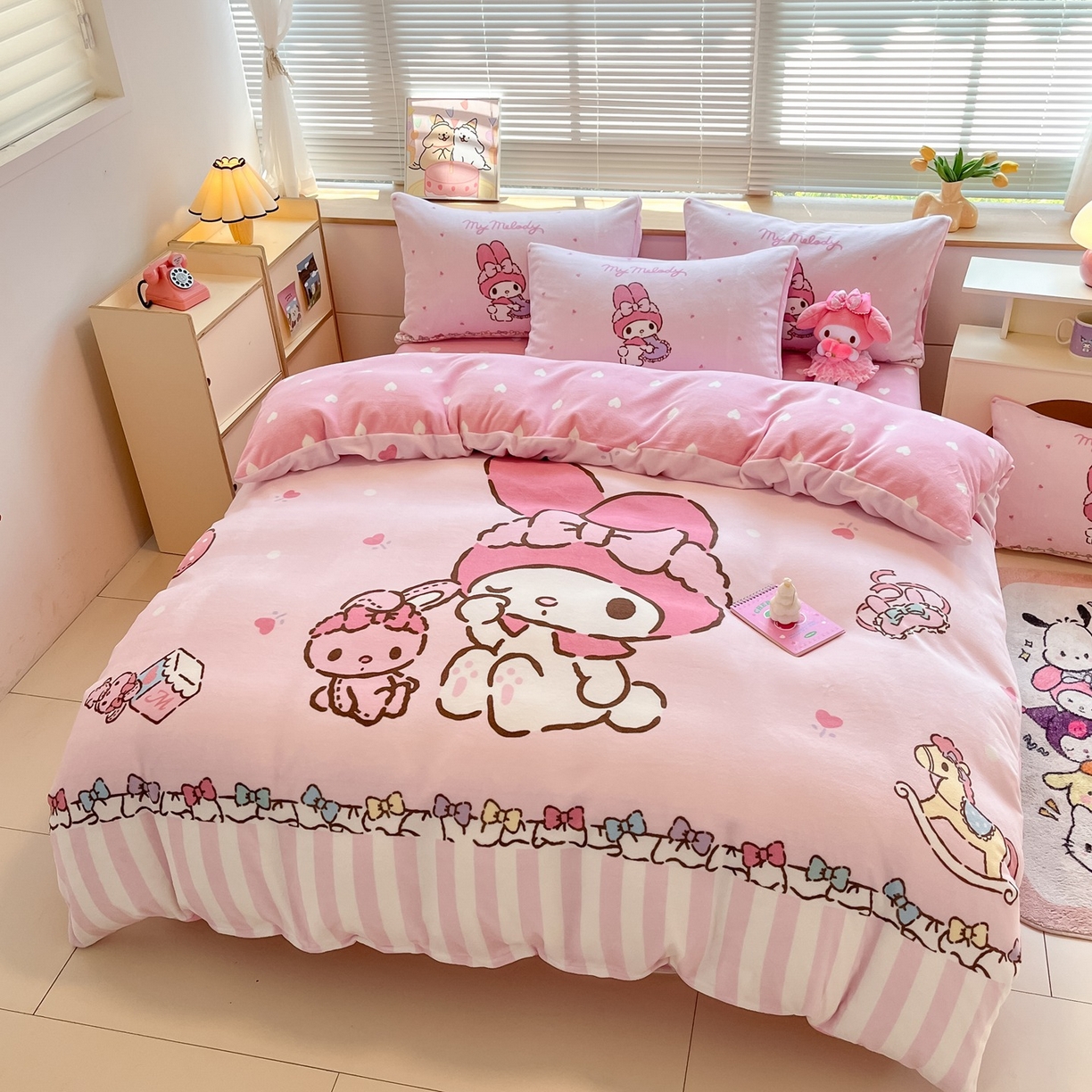 91家纺网 家纺一手货源 找家纺 博雅 2025新款三丽鸥正版授权高克重大版牛奶绒四件套 牛奶绒大版-木马美乐蒂