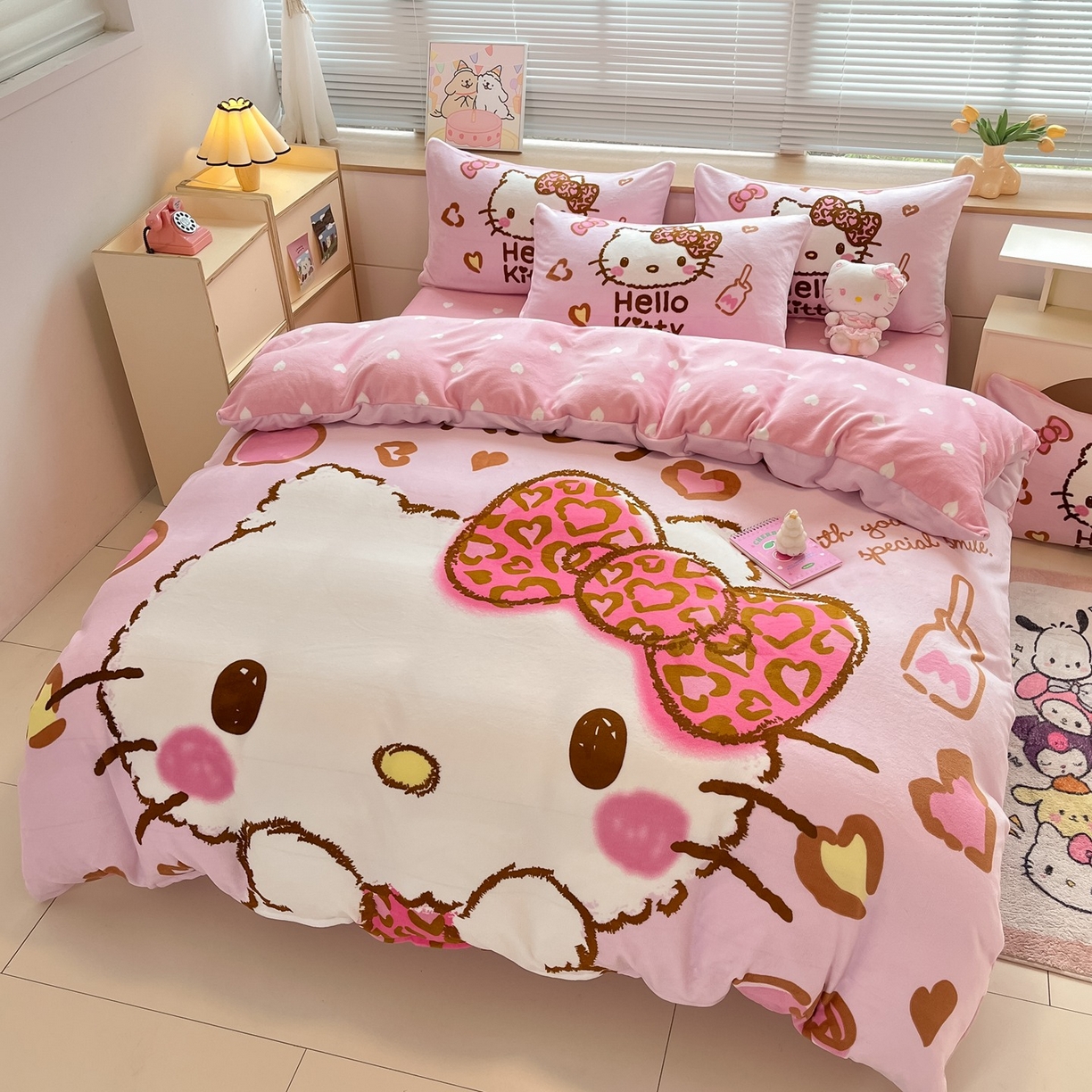 91家纺网 家纺一手货源 找家纺 博雅 2025新款三丽鸥正版授权高克重大版牛奶绒四件套 牛奶绒大版-甜酷KT