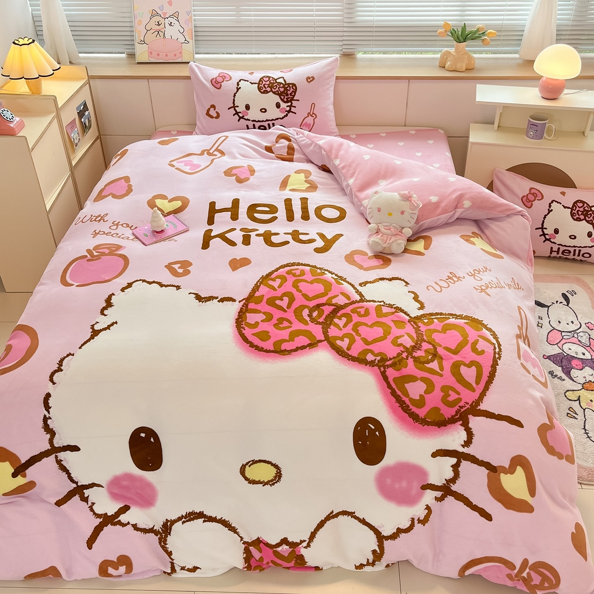 91家纺网 家纺一手货源 找家纺 博雅 2025新款三丽鸥正版授权高克重大版牛奶绒四件套 牛奶绒大版-甜酷KT