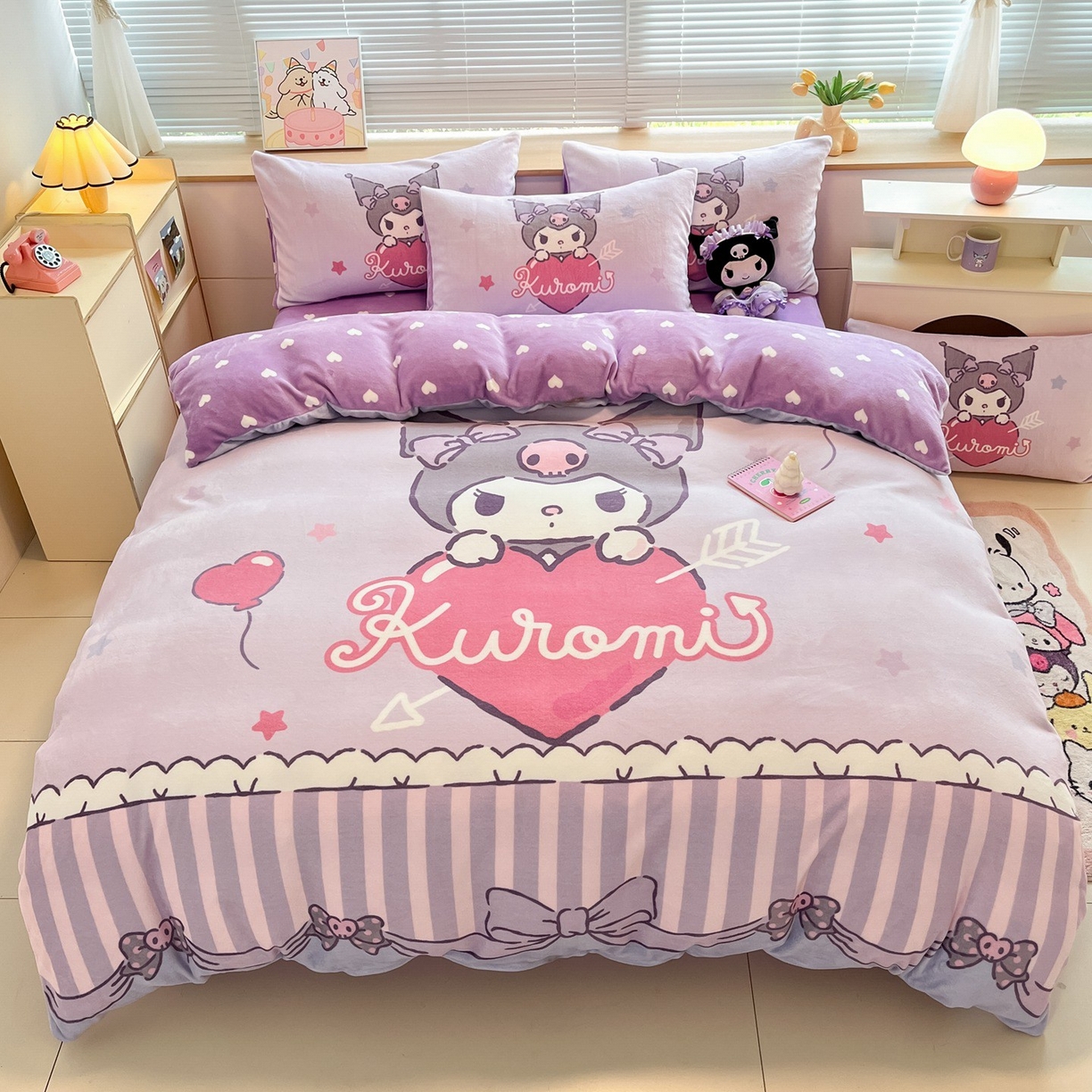 博雅 2025新款三丽鸥正版授权高克重大版牛奶绒四件套 牛奶绒大版-甜心库洛米