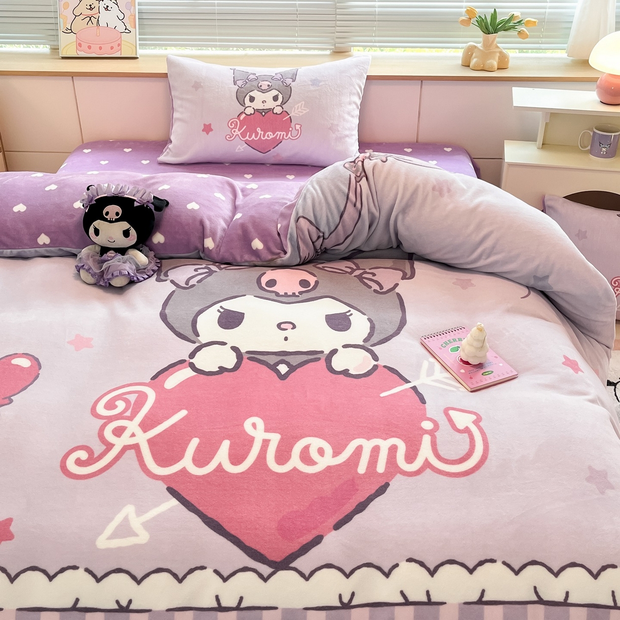 91家纺网 家纺一手货源 找家纺 博雅 2025新款三丽鸥正版授权高克重大版牛奶绒四件套 牛奶绒大版-甜心库洛米